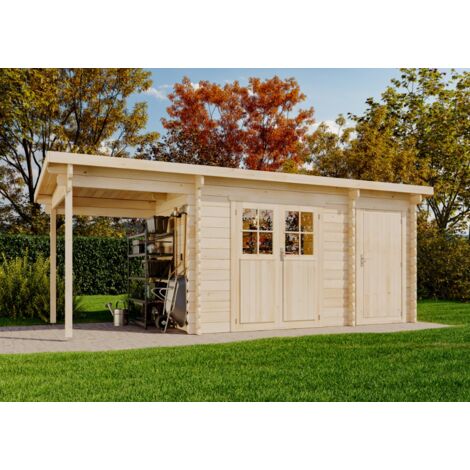 CARLSSON Alpholz Gartenhaus Korfu mit Anbau und Schleppdach Gartenhaus aus Holz, Holzhaus mit 28 mm Wandstärke inklusive Schleppdach, Blockbohlenhaus mit Montagematerial