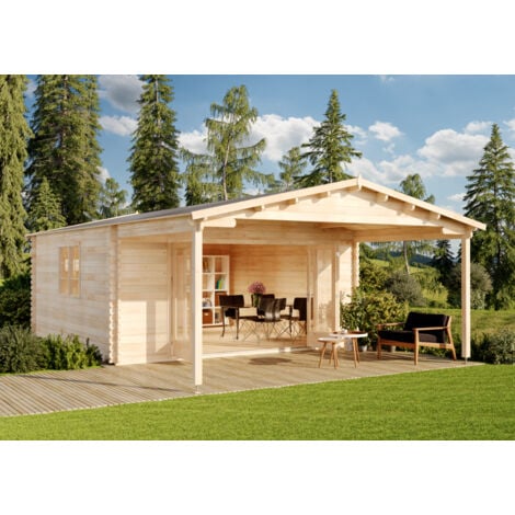 Alpholz Gartenhaus Modell Nyborg-44 ISO mit Falttür Gartenhaus aus Holz, Holzhaus mit 44 mm Wandstärke inklusive Schleppdach, Blockbohlenhaus mit Montagematerial Naturbelassen