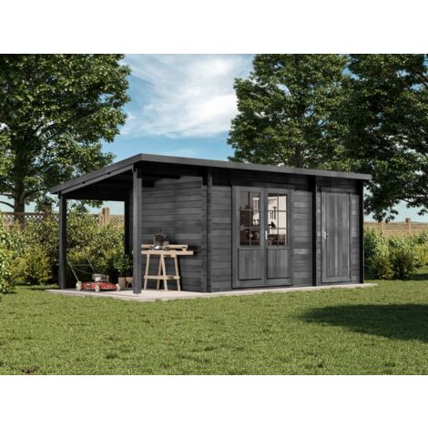 Alpholz Pultdach Gartenhaus Maria mit Anbau & Schleppdach Gartenhaus aus Holz in Grau, Holzhaus mit 28 mm Wandstärke inklusive Schleppdach, Blockbohlenhaus mit Montagematerial Imprägniert Grau