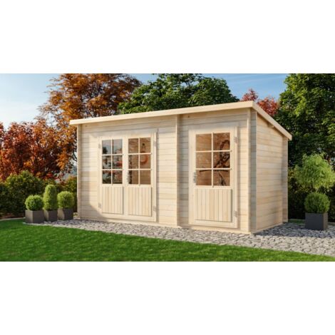 Alpholz Pultdach Gartenhaus Modell Martina-28 mit Anbau Gartenhaus aus Holz, Holzhaus mit 28 mm Wandstärke, Blockbohlenhaus mit Montagematerial Naturbelassen