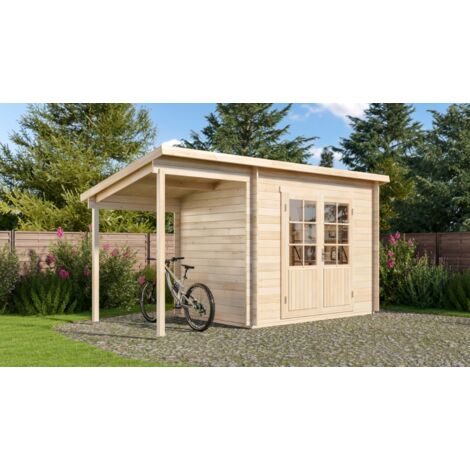 Alpholz Pultdach Gartenhaus Modell Martina-28 mit Schleppdach Gartenhaus aus Holz, Holzhaus mit 28 mm Wandstärke inklusive Schleppdach, Blockbohlenhaus mit Montagematerial Naturbelassen