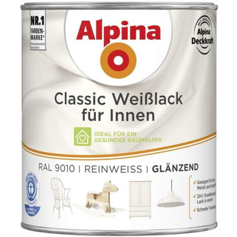 ALPINA Classic Weißlack für Innen, Reinweiß, glänzend, 750ml