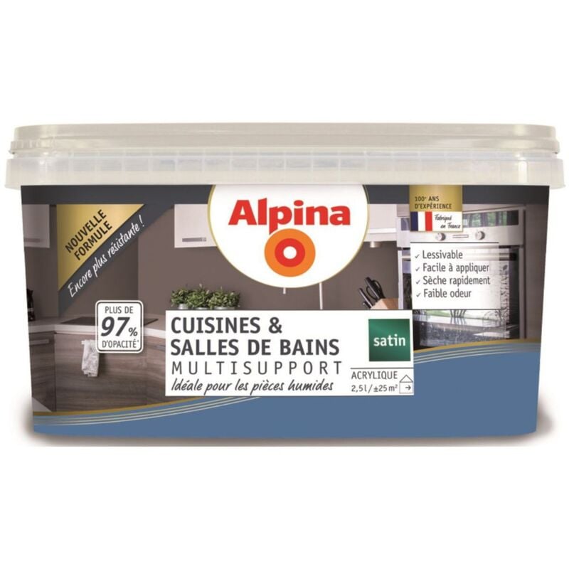 Alpina Peinture Acrylique Multisupports - Cuisine & Salle de Bains - Satin - 2,5L Finition: Satiné - Couleur: Bleu cyclades