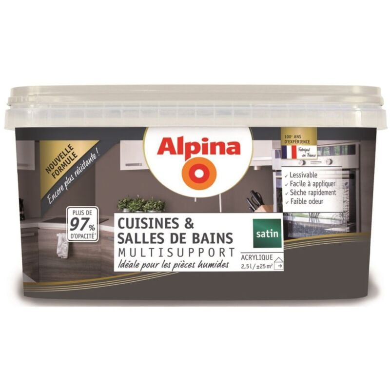 Peinture Acrylique Multisupports - Cuisine & Salle de Bains - Satin - 2,5L Finition: Satiné - Couleur: Granit - Alpina