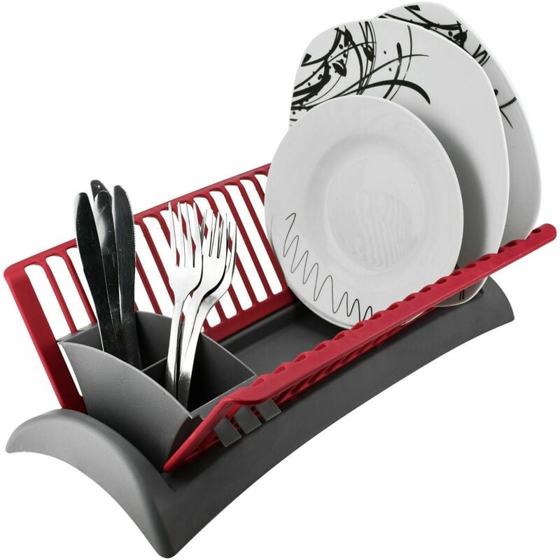 Compact Space Saving Plastic Dish Drainer Draining Rack With Drip Tray & Adjustable Cutlery Section