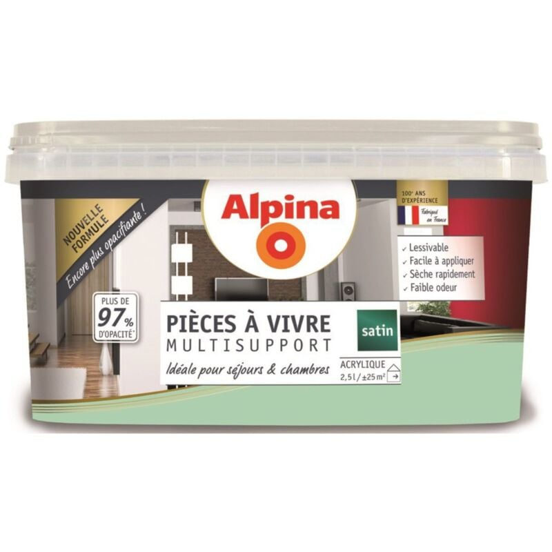 Peinture Acrylique Multisupports - Pièces à Vivre - Satin - 2,5L Finition: Satiné - Couleur: Vert d'eau - Alpina