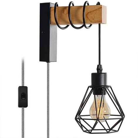 ALPINALUZ Aplique de Pared de Madera Natural Vintage con Pantalla de Jaula y Cable Trenzado y Enchufe, Portalámparas E27 Altura Regulable Negro