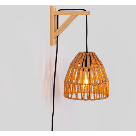 ALPINALUZ  Aplique de pared en madera con pantalla de cuerda trenzado con cable enchufe e interruptor"SEÚL" E27