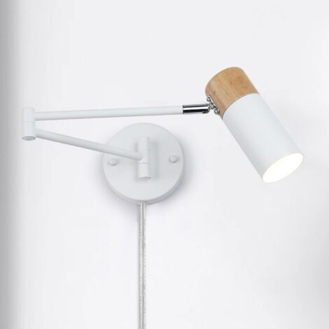 ALPINALUZ Aplique de Pared Moderno con Brazo Oscilante y Cable de Enchufe Madera y Aluminio Blanco: Ideal para Dormitorio, Sala de Estar y Oficina.