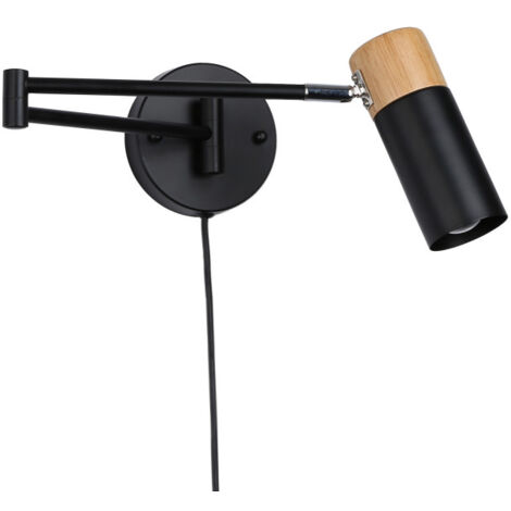 ALPINALUZ Aplique de Pared Moderno con Brazo Oscilante y Cable de Enchufe Madera y Aluminio Negro: Ideal para Dormitorio, Sala de Estar y Oficina.