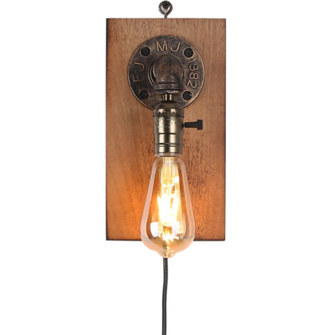 ALPINALUZ Aplique de Pared Vintage Industrial con Placa de Madera Natural para Colgar a la pared con Cable y Enchufe Interruptor en Portalampara E27