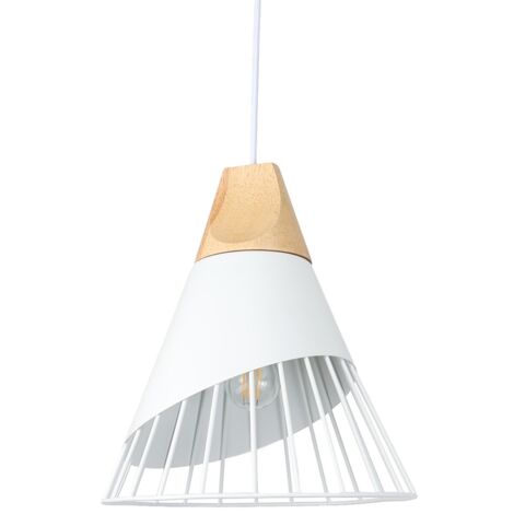 ALPINALUZ Lámpara Colgante de Techo Blanco de la Forma Bádminton Metal y Madera Nórdica, para Comerdor, Sala de Estar, Estudio, Restaurante, CafeteríaE27
