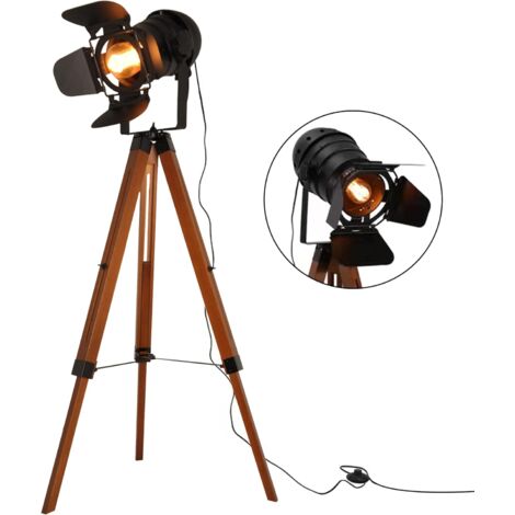 ALPINALUZ  ​Lámpara de Pie Trípode Madera con Foco Proyector Negro CableNegro Retro Industrial Náutica Cinema para Salón Estudio E27 Cinema "GALA"