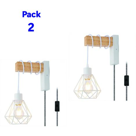 ALPINALUZ  Paquete de 2 Apliques de Pared de Madera Natural Vintage con Pantalla de Jaula Blanca y Cable Trenzado y Enchufe e Interruptor E27