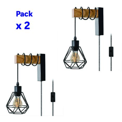 ALPINALUZ  Paquete de 2 Apliques de Pared de Madera Natural Vintage con Pantalla de Jaula Negra y Cable Trenzado y Enchufe e Interruptor E27