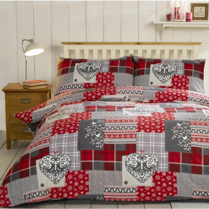 Alpine Patchwork Cozy Warm Red Brushed Cotton Bedding - Super King Size Duvet Cover