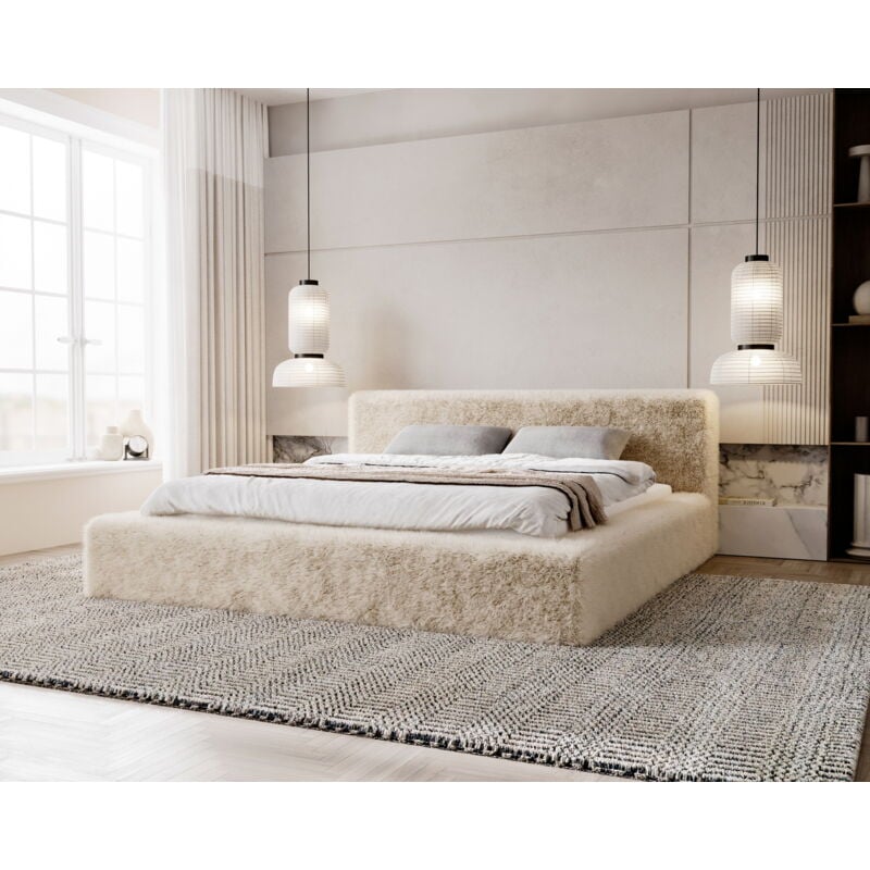 Alros Lit rembourré 140x200 avec Rangement, tissu imitation fourrure - lit double 140x200 Beige (Lapit 29)