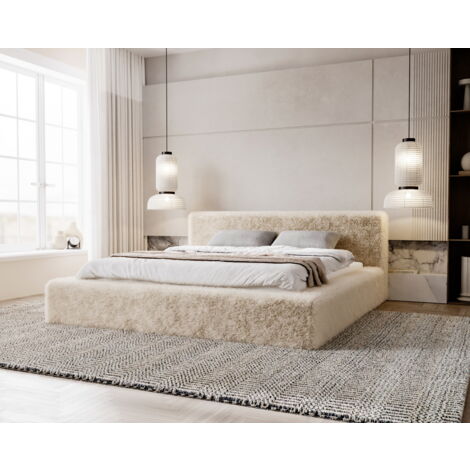 Alros Lit rembourré 160x200 avec Rangement, tissu imitation fourrure - lit double 160x200 Beige (Lapit 29)