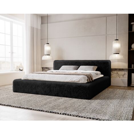 Alros Lit rembourré 180x200 avec Rangement, tissu imitation fourrure - lit double 180x200 Noir (Lapit 19)
