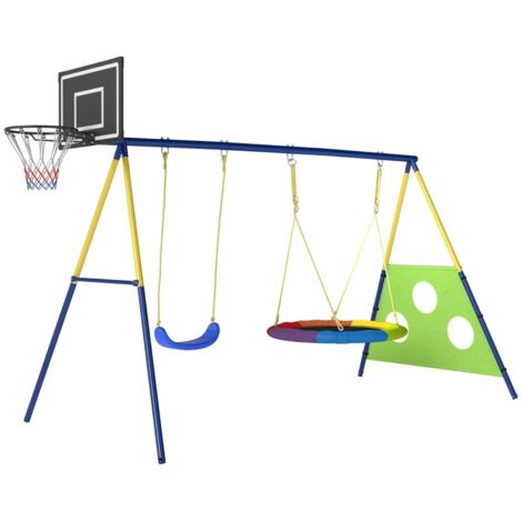 Altalena 4 in 1 288x160x220 cm, nido, sedile, canestro da basket e da calcio, acciaio multicolore