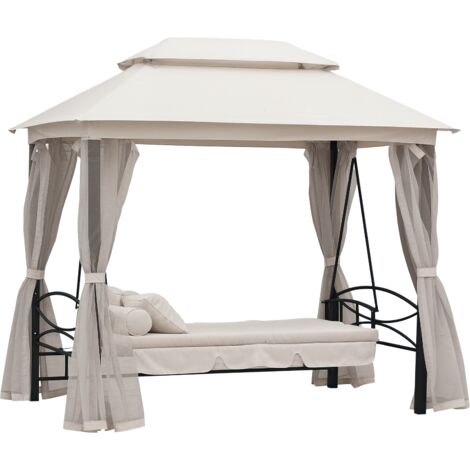 Altalena a 3 posti e lettino singolo, gazebo con zanzariera e cuscini, 256x172x248 cm, colore crema.