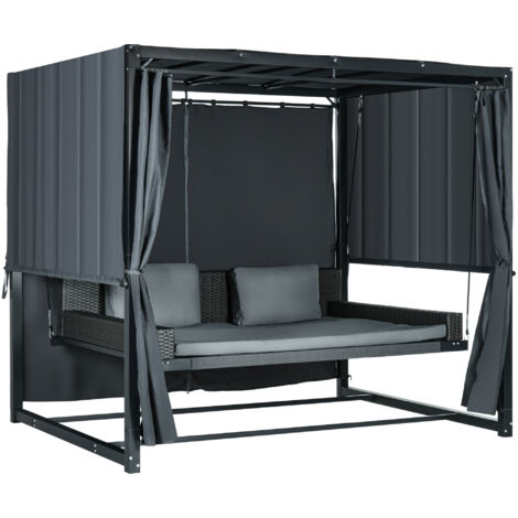 Altalena da esterno in rattan sintetico PE con tendalino, cuscini inclusi, resistente alle intemperie, 235 cm x 180 cm x 210 cm, grigia.