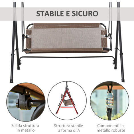 Altalena da giardino a 2 posti con tettuccio parasole regolabile, in metallo e tessuto Textilene, 172x110x155 cm, marrone.