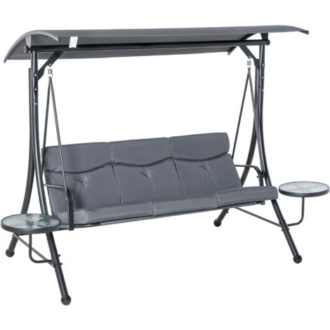 Altalena da giardino a 3 posti, altalena da esterno con tettuccio regolabile e 2 tavolini laterali, grigia, 271x125x177 cm