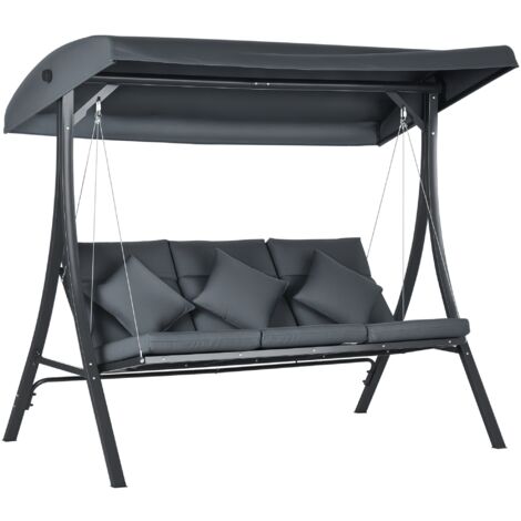 Altalena da giardino a 3 posti con tettuccio regolabile, in acciaio e poliestere, 202x115x168 cm, grigio scuro.