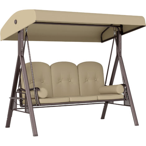 Altalena da giardino Hollywood a 3 posti con parasole e cuscini, in metallo, poliestere, colore kaki, dimensioni 116 x 206 x 183 cm.