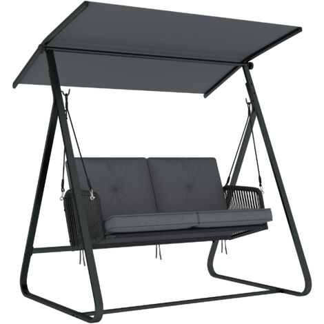 Altalena da giardino Hollywood Swing a 2 posti in rattan con tettuccio parasole regolabile, cuscino morbido e struttura a forma di A.