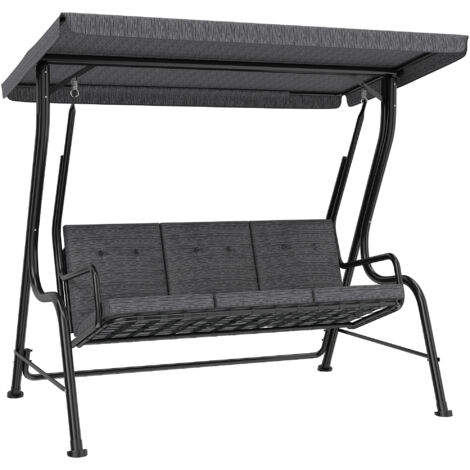 Altalena da giardino per 3 persone con tettuccio regolabile e cuscini, 200x120x170 cm, nera.