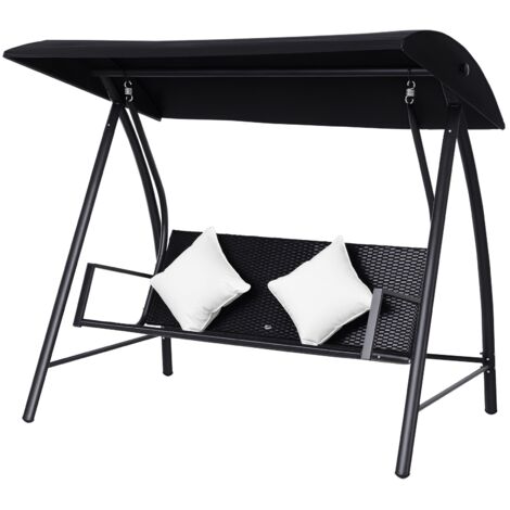 Altalena Hollywood a 3 posti, in polyrattan, con struttura in metallo e cuscini, portata massima 360 kg, nuova (nera)