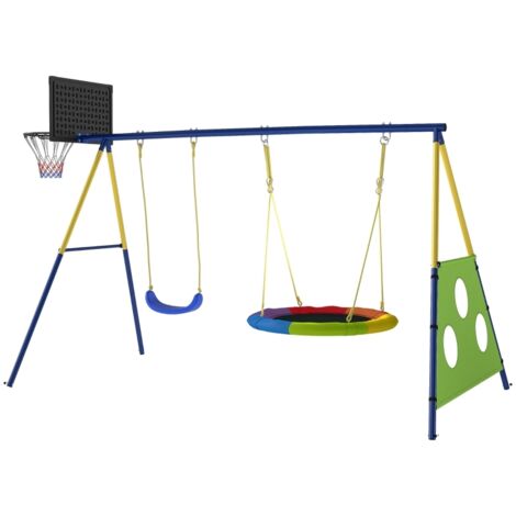 Altalena per bambini 4 in 1 con altalena a nido, canestro da basket e porta da calcio, area giochi, multicolore