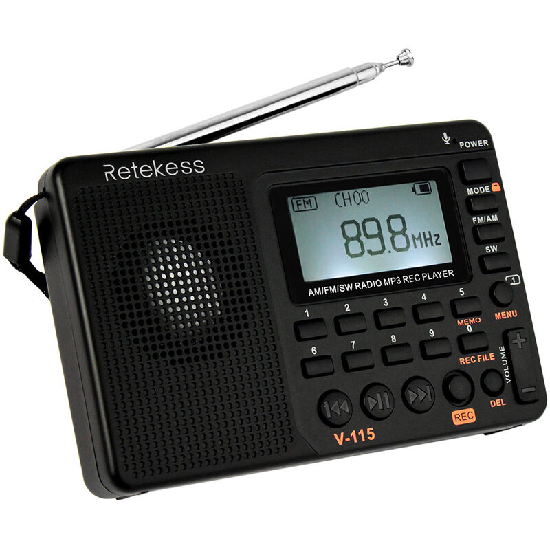 

Altavoces Receptor de radio V-115 FM / AM / SW Radio multibanda REC Grabadora de sonido de graves MP3 Player con Temporizador Negro - Retekess