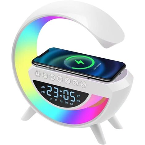 Altavoz Bluetooth con forma de G, carga inalámbrica, despertador y 13 modos de iluminación para uso doméstico o de oficina.