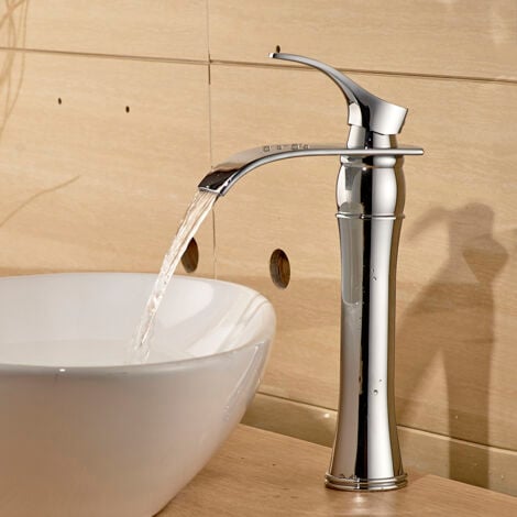 AURALUM Alto Grifo de Lavabo, Cascada Grifería de Cuenca, Monomando Mezclador Agua Fría y Caliente, Cromado