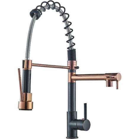 SUGUWORD Alto Pressione Rubinetto Cucina con molla a spirale Miscelatore Cucina Ottone con Doccetta Estraibile,orientabile a 360° Acqua Fredda e Calda Rubinetto,Oro rosa+ORB