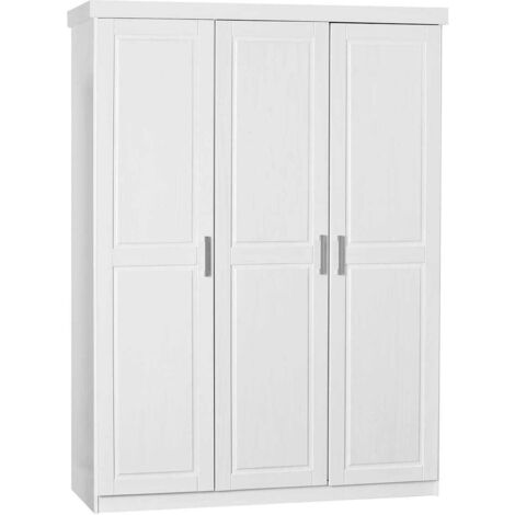 Altobuy – Armoire 3 portes en pin massif vernis blanc – Penderie avec 5 compartiments – Idéale pour chambre moderne – Dimensions optimales
