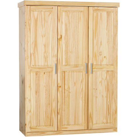 Altobuy – Armoire 3 portes en pin massif vernis naturel – Dimensions 140x55xH190 cm – 5 compartiments pour rangement optimal