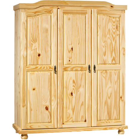 Altobuy – Armoire 3 portes penderie bois massif naturel 150 x 56 x H180 cm – Gonds métal – Système softclose intégré – Rangement optimisé