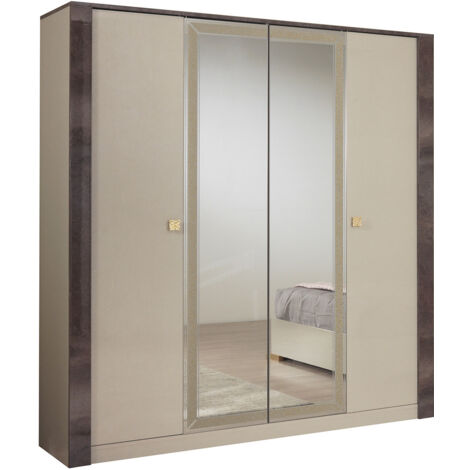 Altobuy – Armoire 4 portes en panneaux mélaminés crème et bronze – Dimensions 185x59xH210 cm – Poignées dorées – Finition brillante
