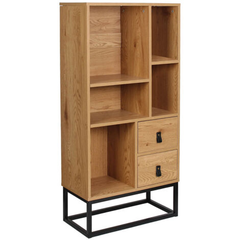 Altobuy – Bibliothèque aspect bois avec pieds métal – H120 cm – 2 tiroirs sur rails – Rangement moderne pour livres et objets décoratifs