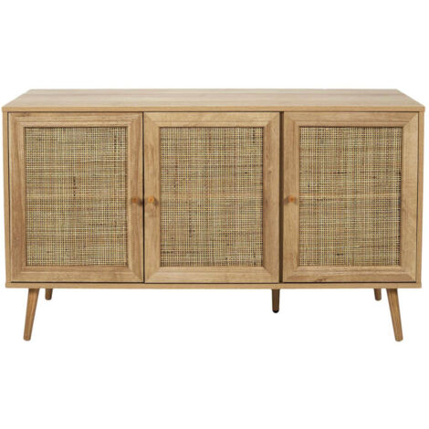 Altobuy – Buffet 3 portes 115x39x70 cm – Effet bois et façades en rotin – Piétement en eucalyptus – Design naturel pour intérieur apaisant