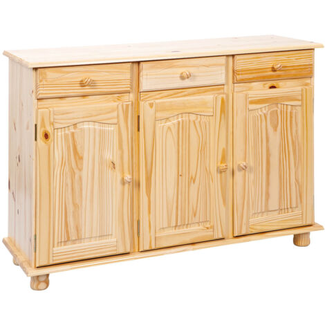 Altobuy – Buffet 3 portes 3 tiroirs en pin massif – Dimensions 130 x 43 x H87 cm – Finition vernis naturel – Style campagnard élégant