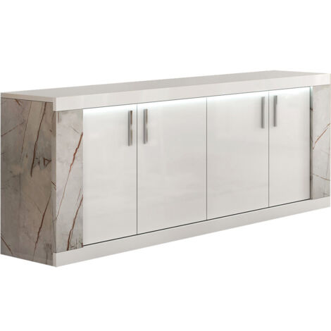 Altobuy – Buffet 4 portes blanc avec éclairage LED intégré – Décor latéral aspect marbre – Dimensions 190 x 47 x H84 cm – Structure en panneau de particules