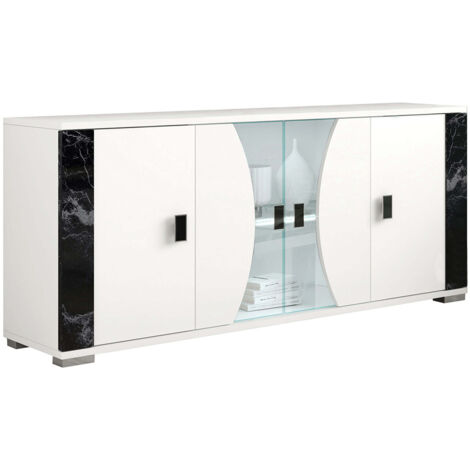 Altobuy – Buffet 4 portes blanc avec éclairage led intégré – Décor latéral aspect marbre noir – Dimensions 190x47xH86 cm – Design italien moderne