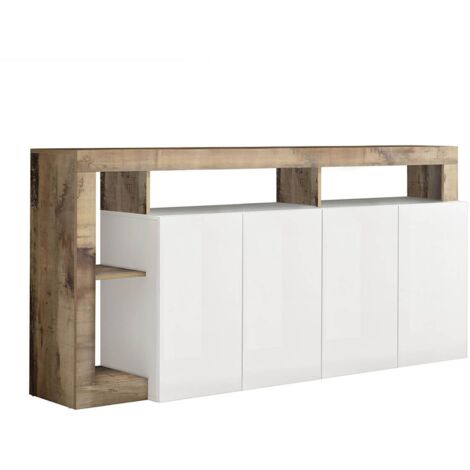 Altobuy – Buffet 4 portes blanc laqué – Encadrement niches aspect bois vieilli – Panneaux de particules haute densité – Dimensions 184 x 42 x H93 cm