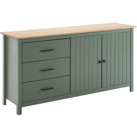 Altobuy – Buffet bas 2 portes 3 tiroirs en pin massif ciré vert – Dimensions 150 x 40 x H80cm – Style classique pour intérieur moderne