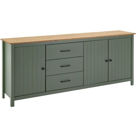 Altobuy – Buffet bas 3 portes 3 tiroirs en pin massif ciré vert – Dimensions 190 x 40 x H80 cm – Style classique pour intérieur moderne